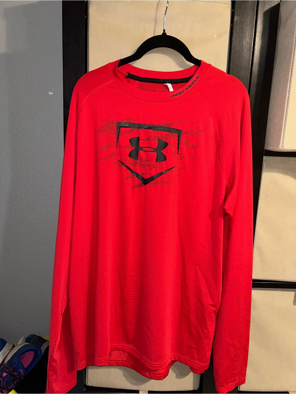 Under Armour Men’s Long Sleeve Red Athletic Tee with Black Logo